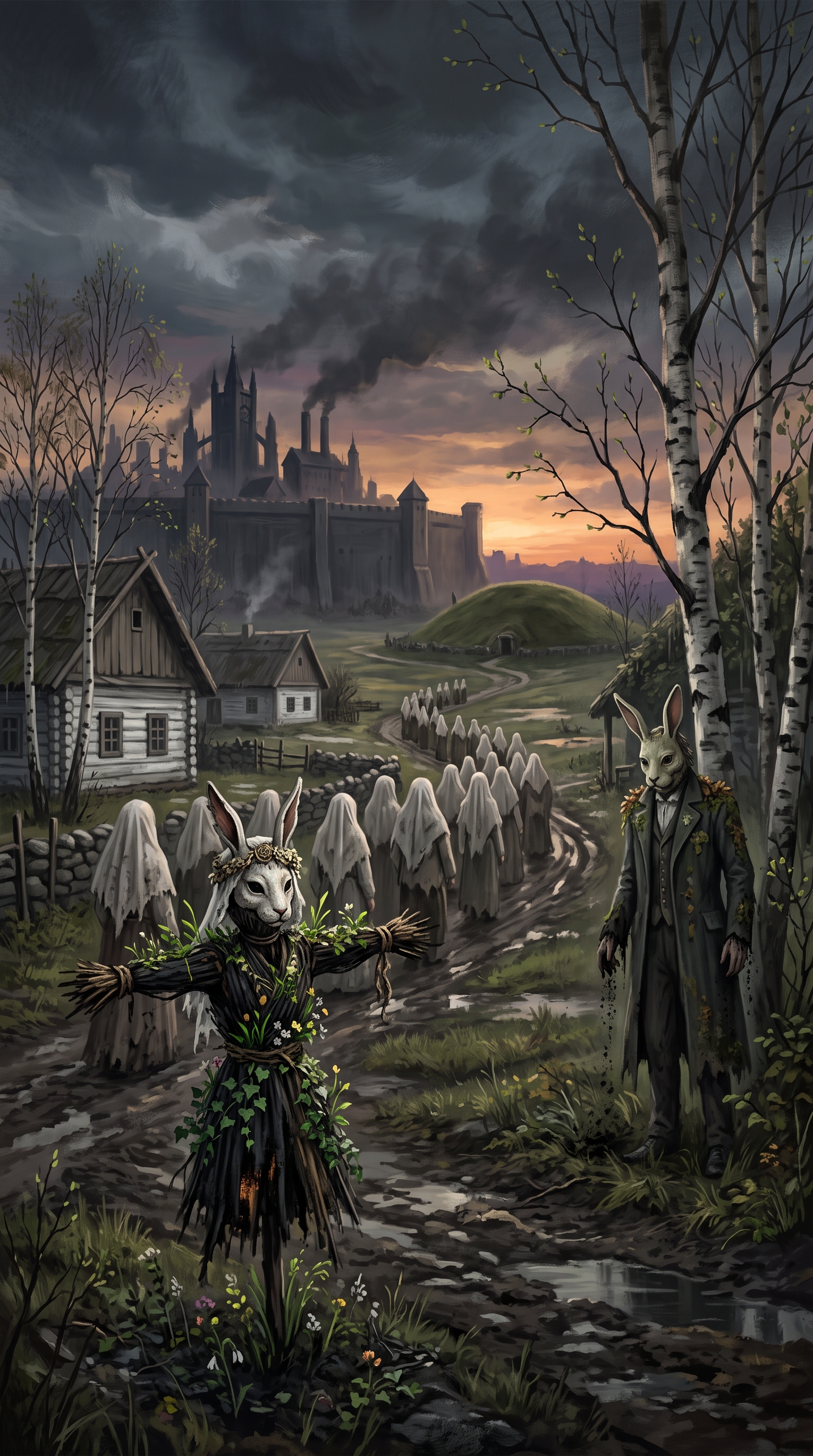 Original sourcebook illustration: the Green Bridegroom watches a village.