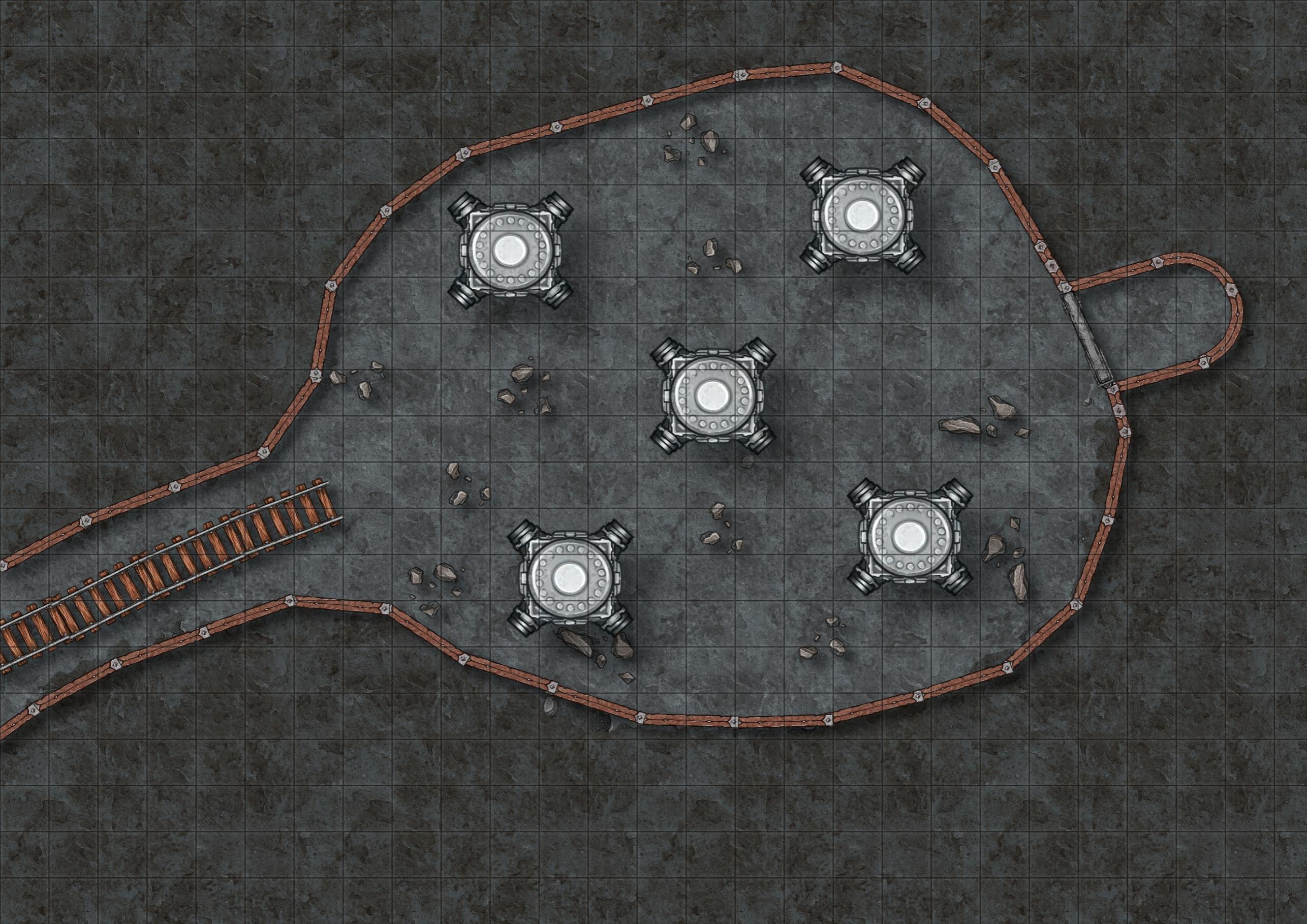Original chamber encounter map, with five sealed structures and a rail approach.